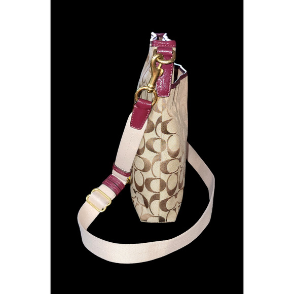 Coach New York Signature Stripe Khaki Monogram / Merlot Crossbody Purse File Bag - Picture 7 of 8